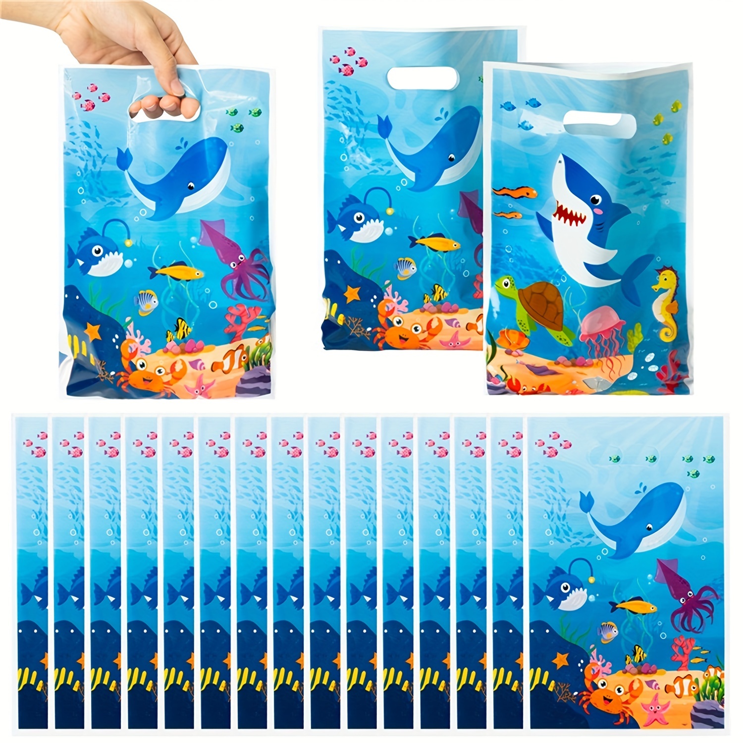 

50pcs Animal In The Sea Party Favor Bags Marine Life Ocean Whale Shark Waterproof Goodie Bag Handle Gift Bags For Birthday Decor Supplies