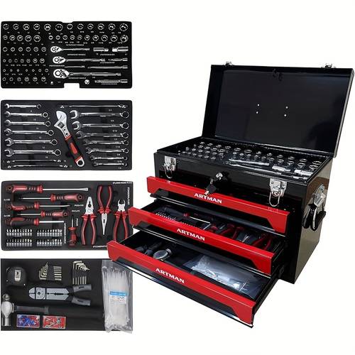 439pcs in mechanics tool set with heavy duty metal 3 drawer portable tool box industrial household tool kit suitable for home auto repair professional tool no