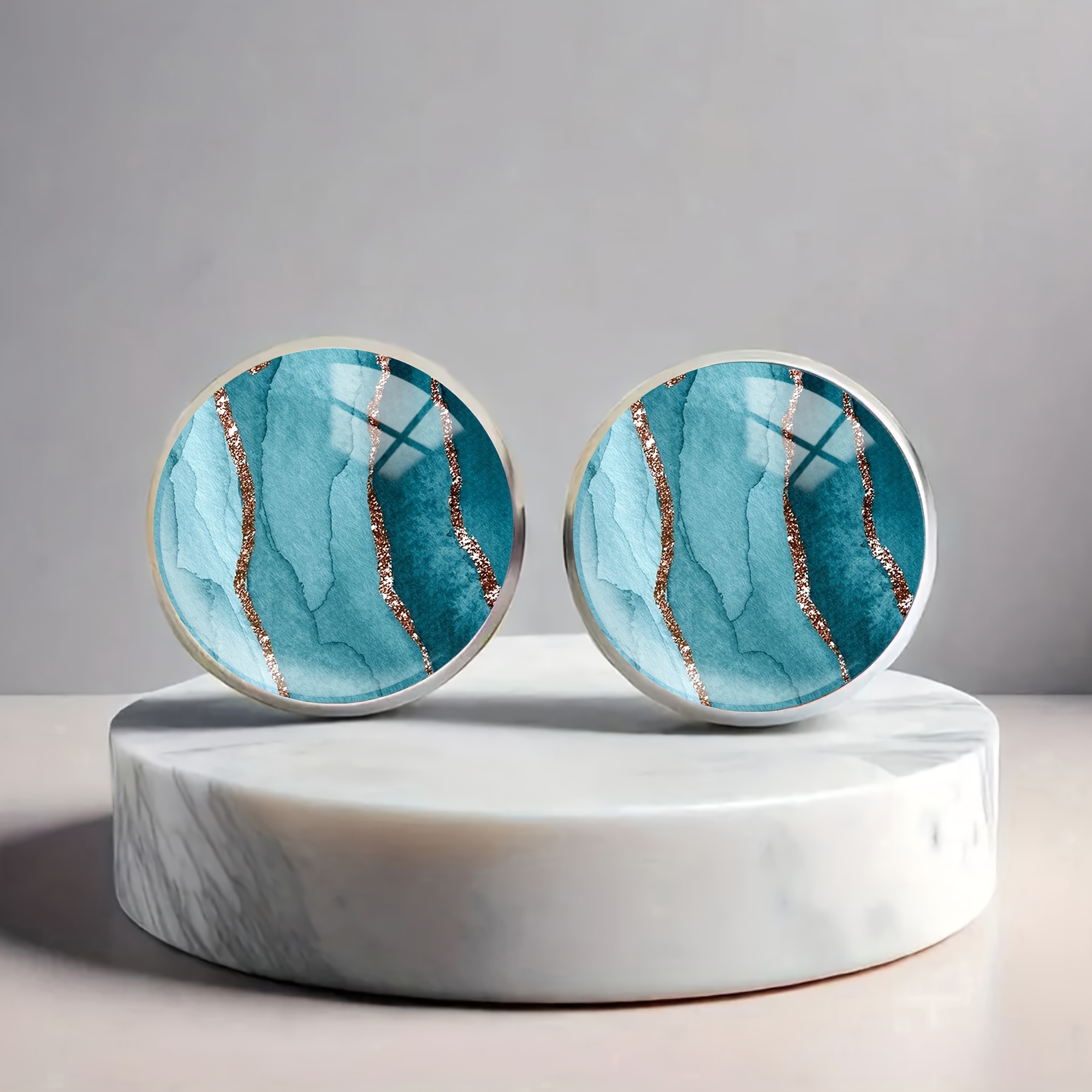 

1 Pair Elegant Sexy Stud Earrings, Blue Turquoise Pattern, Synthetic December Birthstone, Glass Mosaic, 201 Stainless Steel, 304 Stainless Steel Post, For Men And Women, Daily & Vacation Wear