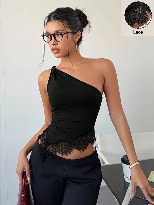 item picture shoulder slant collar lace hem vest