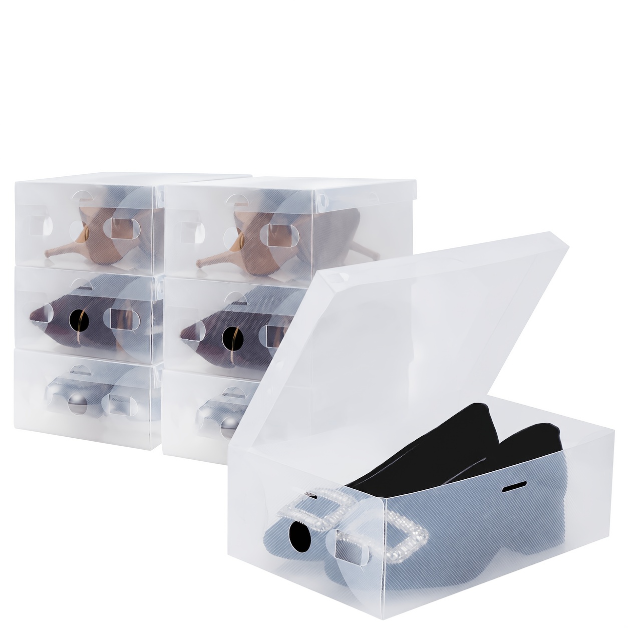 TEMU 6pcs Clear Shoe Boxes Plastic Stackable, Transparent Containers With Snap Door, Fits Ankle Boots High Heels Sneakers, Space-saving Organizer For