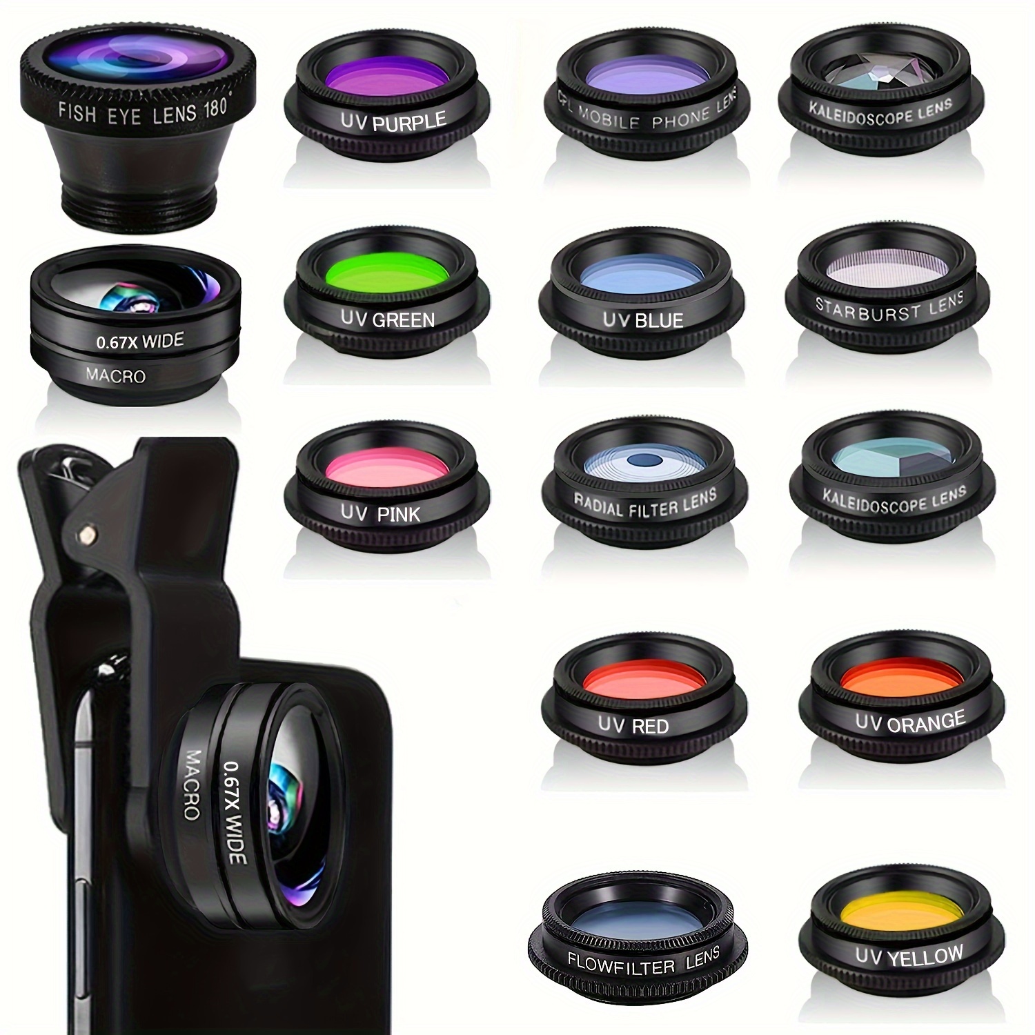 

New 15-in-1 Mobile Lens Kit With 15 Features Suitable For Iphone, Samsung, And Smartphones, Universal Phone Holder+wide-angle Lens+ Lens++cpl+3/6 + Filter+red+blue+purple+ Lens