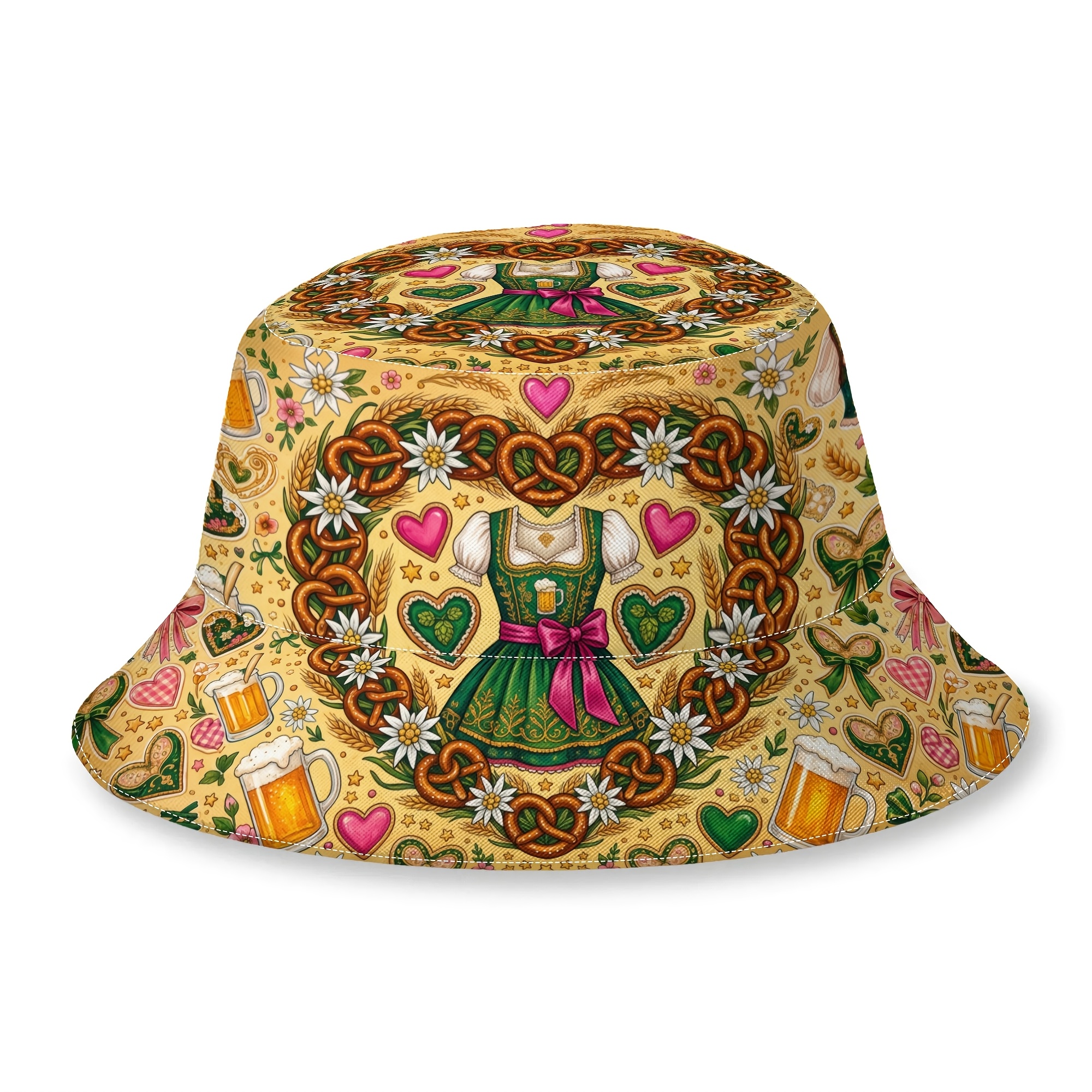 TEMU 1pc Biihudu 's Oktoberfest Dirndl Beer Pretzel Bucket Hat - Themed Cap With Dirndl Print, Lightweight Summer Beach Hat Suitable For Oktoberfest