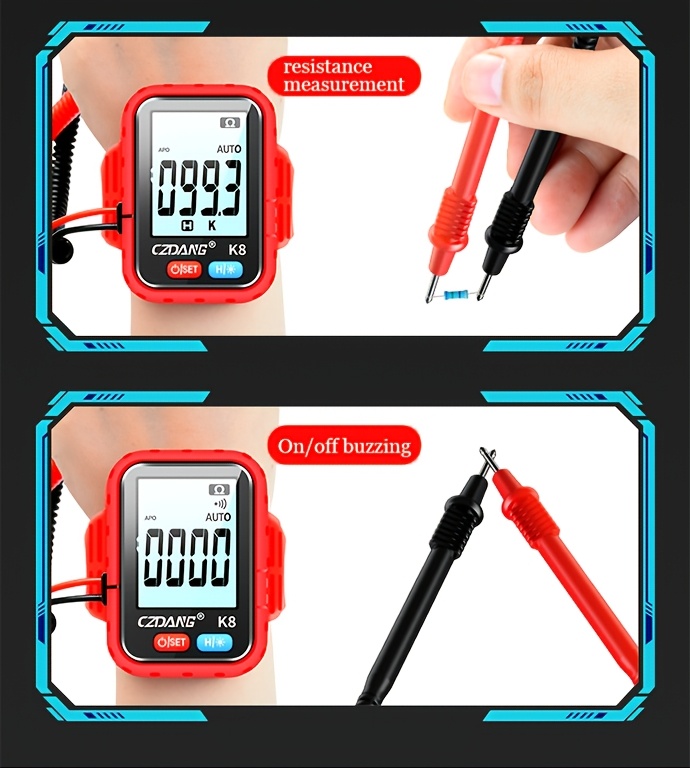 1 unidad CZDANG Multímetro Digital Tester de Muñeca - Mini Multímetro Portátil Wearable para DCV/ACV, Resistencia y Continuidad con Pantalla LCD, Recargable via USB, Diseño Compacto para Electricistas, DIY, Trabajo de Campo, Herramienta Electricista, Herramienta Moderna, Electrónicos Durables