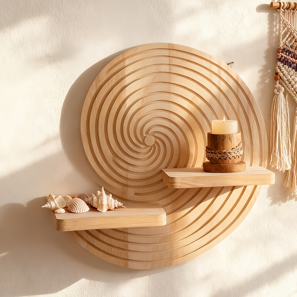 Circular Spiral Wooden Wall Shelf – Natural Wood Floating Shelf with Bohemian Geometric Design, Ideal for Bathroom, Living Room, Bedroom Decor – Space-Saving Storage Rack, Unique Wall Art Decor