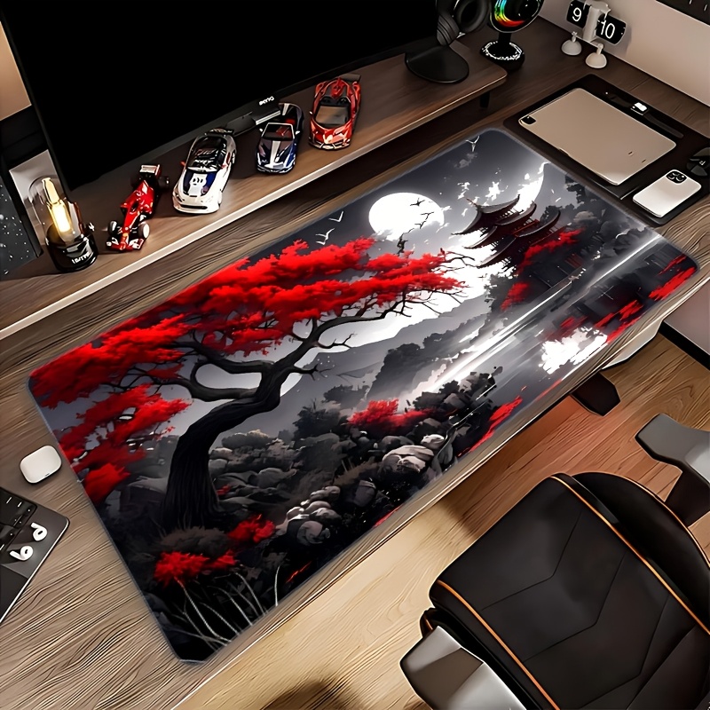 1pc Large Red Fire Style Mouse Pad - Non-Slip, Washable, Vibrant Red & Design with Japanese-Inspired Landscape, Perfect for Halloween & Christmas Gifts