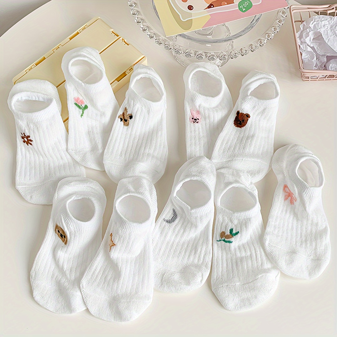 

10 Pairs White Cartoon Socks, Cute & Breathable Low Cut Invisible Socks, Women's Stockings & Hosiery