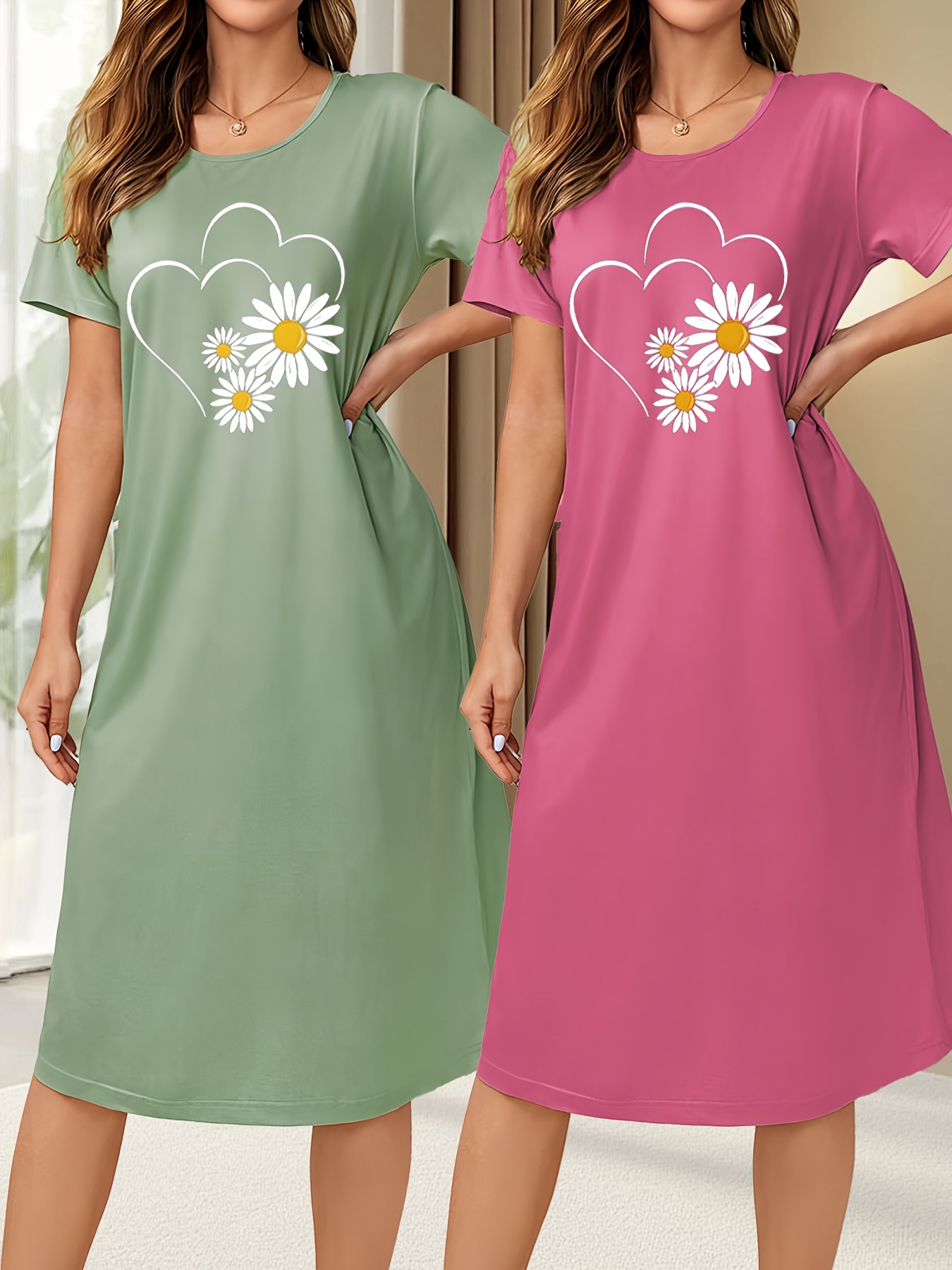 womens casual heart print long sleeve nightgown 2 pack comfortable soft fabric suitable for spring and     pink 0