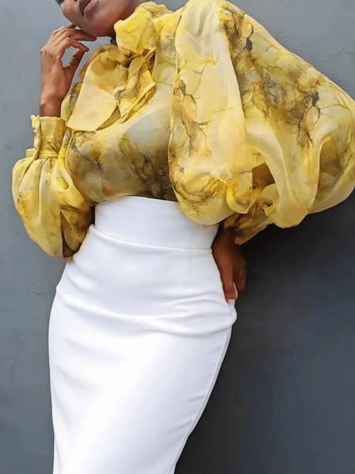 elegant floral print lantern sleeve shirt skirt not included