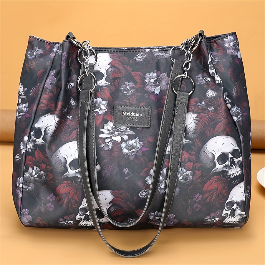 

Sac fourre-tout pour femme : Grande , style décontracté, imprimé tête de et fleurs, fermeture à glissière, doublure en polyester, pour Halloween ou un .