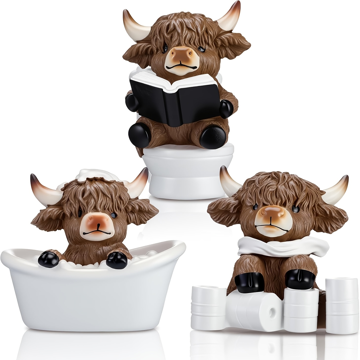 3pcs Highland Cow Figurine Set, Bathroom Highland Cow, Scottish Resin Statue, Gift For Cow Lovers, Home Garden Kitchen Office Multi-tier Tray Table Decoration