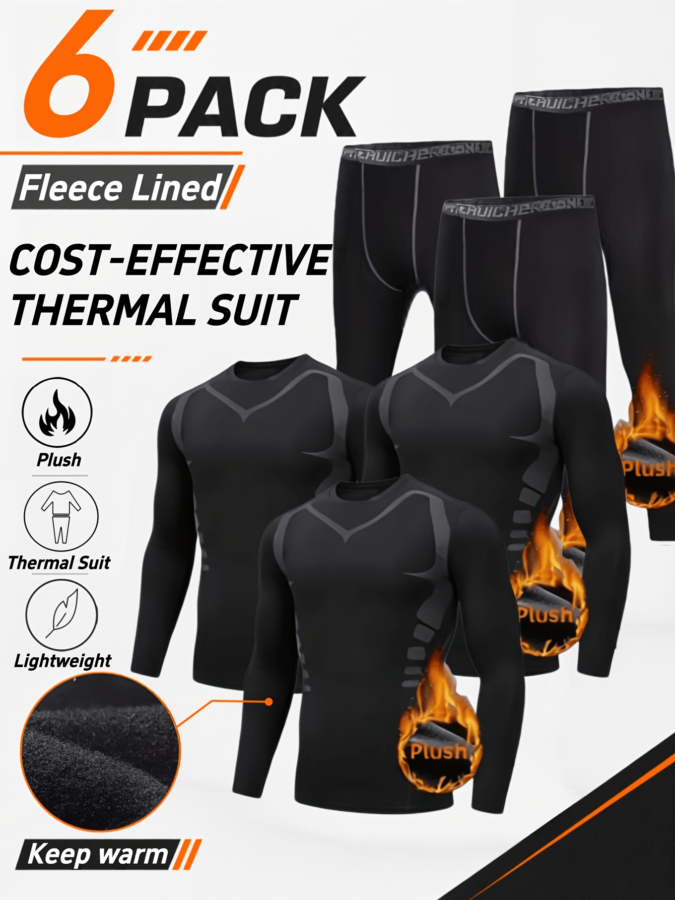 item picture 6pcs mens fleece lined thermal compression suit set full body   base layer outfit soft stretchy quick dry thermal underwear warm long johns for   gym running cycling cold   machine washable