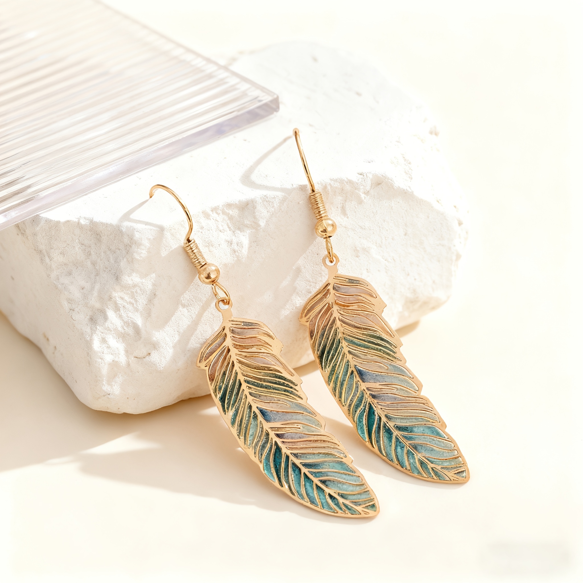 TEMU 1 Pair/4 Pairs/set, Women's Drip Oil Feather Fashion Dangle Earrings - Retro Bohemian Elegant Light , Lightweight Colorful Gradient Feather/leaf