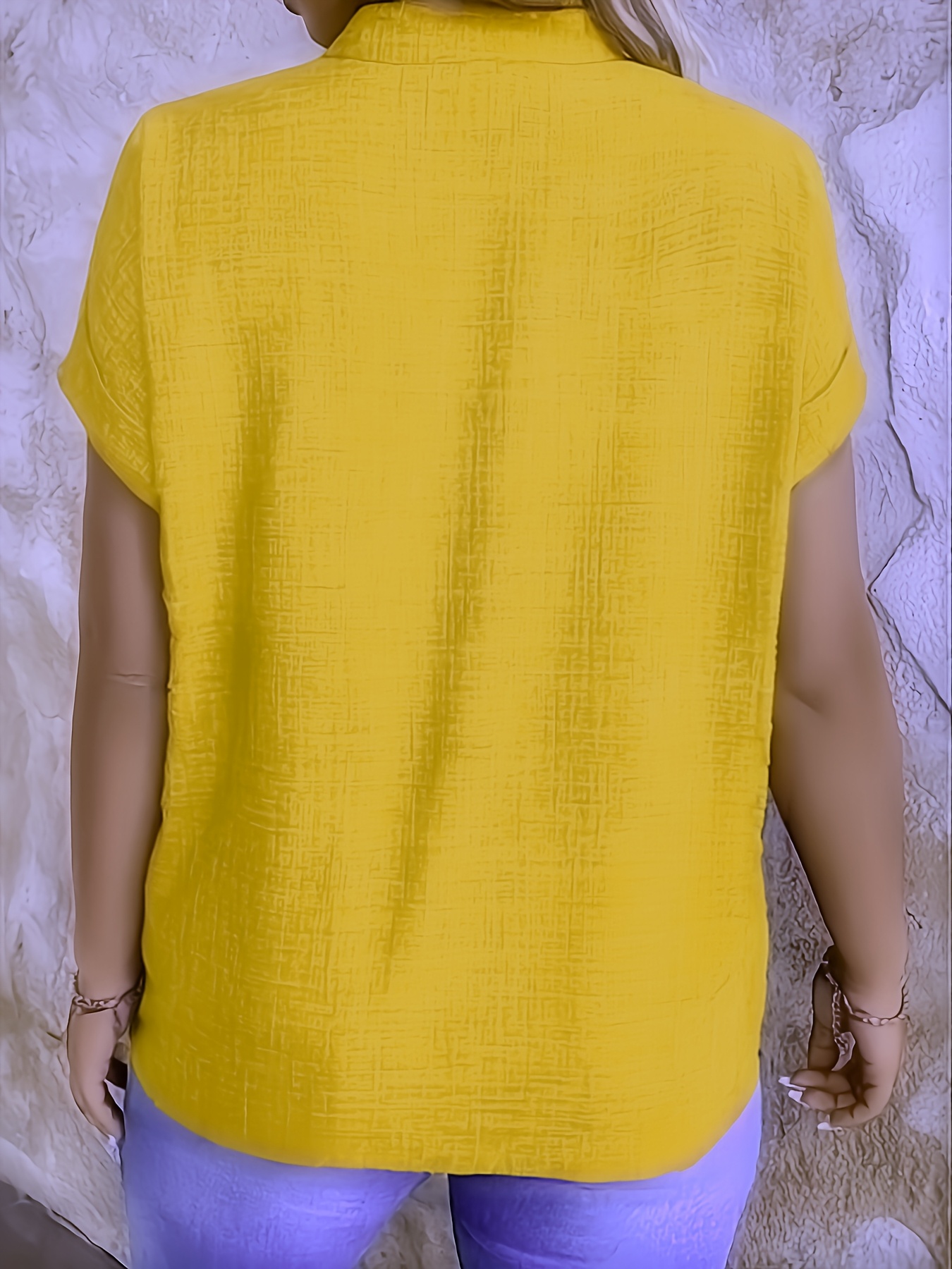 womens casual v neck blouse with small stand up collar vibrant yellow solid color regular fit machine washable versatile for spring summer fall seasonal fashion top sophisticated casualwear lightweight fabric everyday   style   stylish top adult clothing details 1