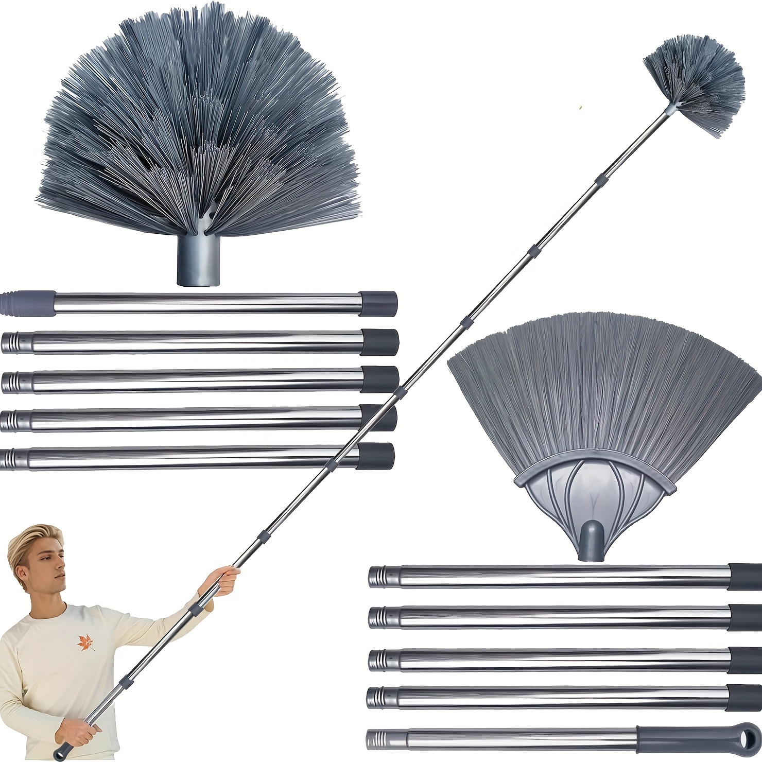 

2pcs Extendable Duster Set For High Ceilings & Cobweb Removal - Includes 3-14ft Adjustable Pole, Blinds & Walls - No Power Needed, Ideal For Home Cleaning