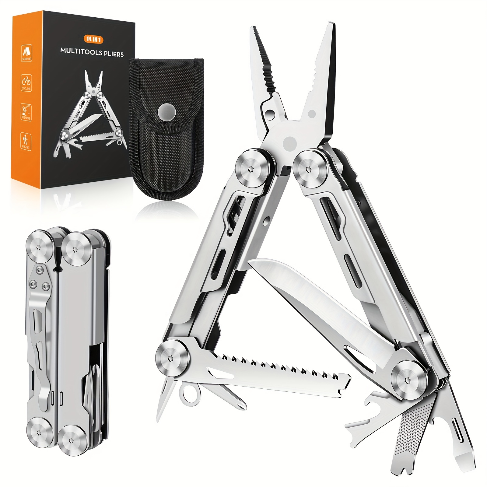 

Multi Tool, Gifts For Men, 14-in-1 Stainless Steel Foldable Multitool Pliers With Wire Cutter, Knife, Saw, Screwdrivers, Bottle/can , Paper Knife, Edc Gadgets For Camping, Repairing, Diy