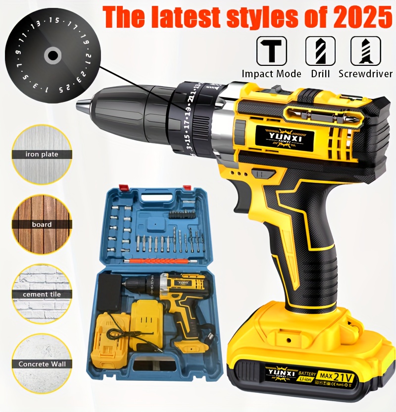 2025 High-Speed Lithium-Ion Boormachine | Geschikt voor Decoratie van Auto-onderdelen, Auto-onderhoud, Constructie, Tuin, Ergonomisch, Snoerloos, Oplaadbare Batterij, 230V, Inclusief Hulpstuk, Merk: YUNXI