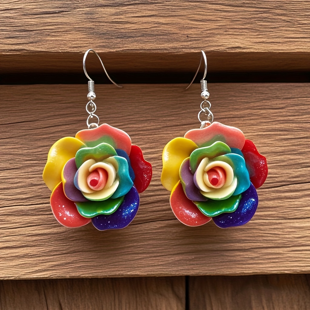 1 Pair Of Resin Colorful Flower Pendant Earrings, Resin Flower Earrings, Suitable For Vacation Outfits, Women's Gift