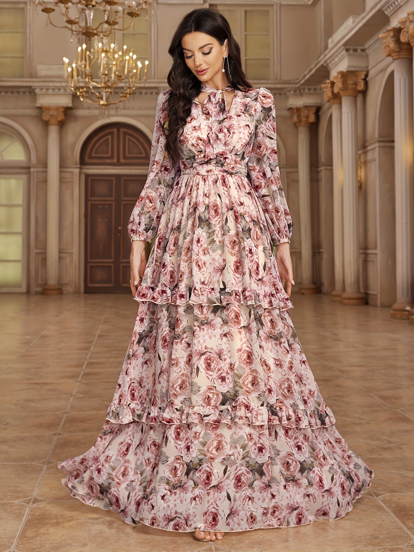 Women's Floral Print Tie-Front Long Sleeve Dress Elegant Tiered A-Line  Formal Gown with Puff Sleeves, Fitted Silhouette for Weddings Hand Wash  - Main Image