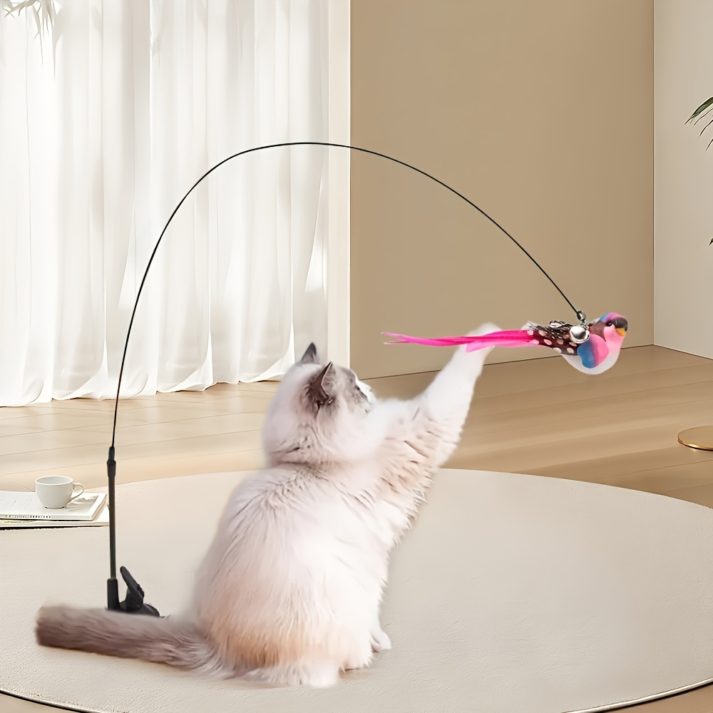 

1pc Interactive Cat Toy With Suction Cup Base, Bell, And Detachable - Cartoon Pattern Polyester Wand For Indoor Cat Entertainment, Without Battery