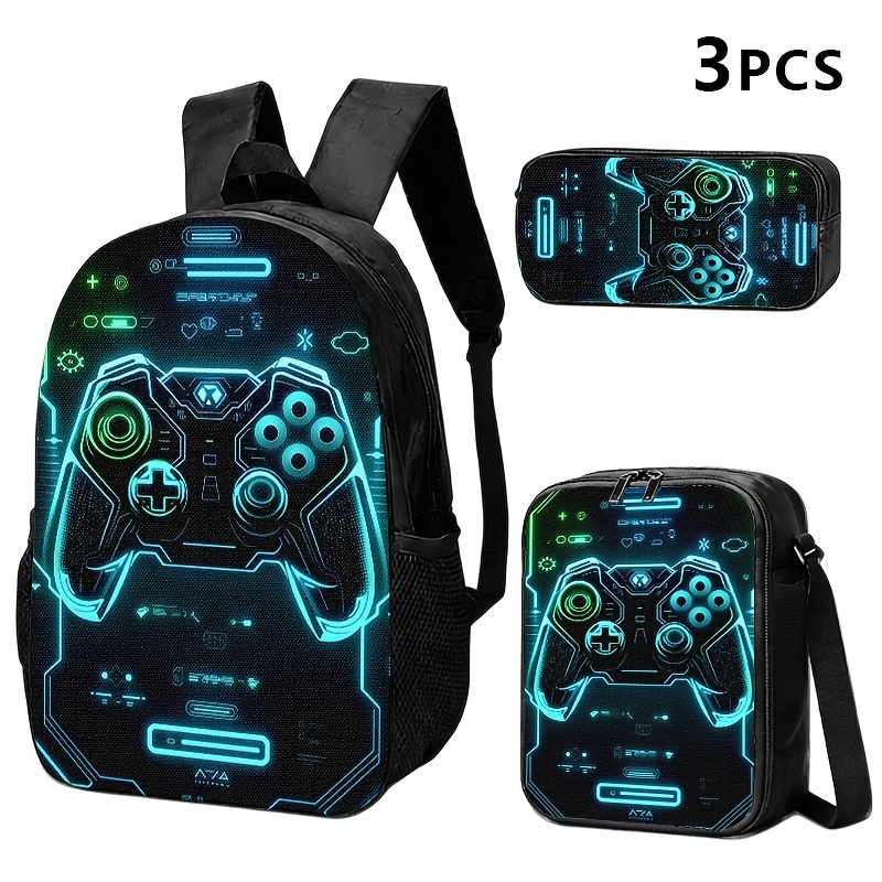 TEMU The Backpack, Shoulder Bag, And Storage Bag Feature A Controller Design, Primarily In Neon With Vibe, Showcasing A Futuristic Esports Style
