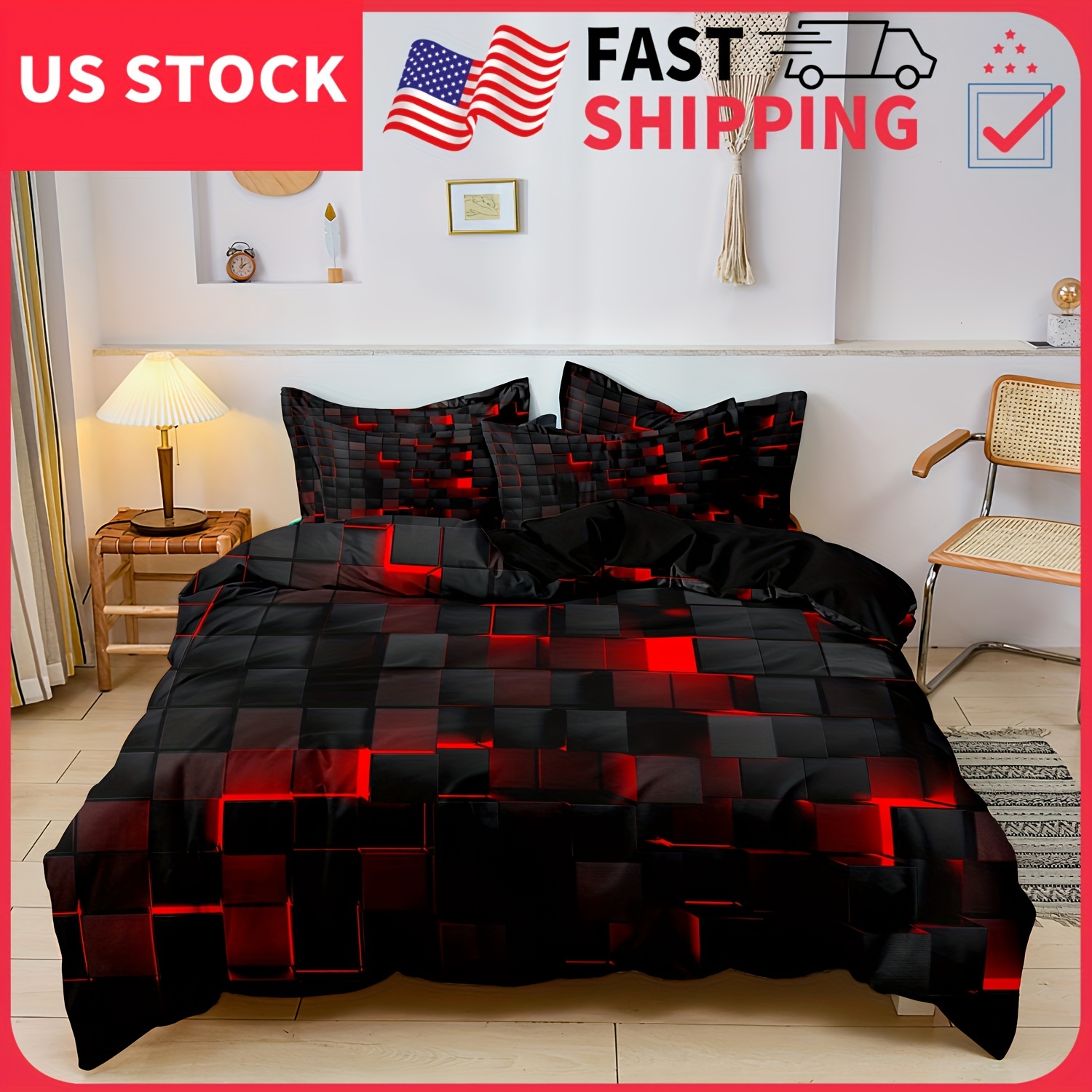 

3pcs Luxurious Red Grid Print Quilt Duvet Cover Set - Soft, Comfortable Bedding For Bedroom, - 1 Duvet Cover, 2 Pillowcase, No , Breathable