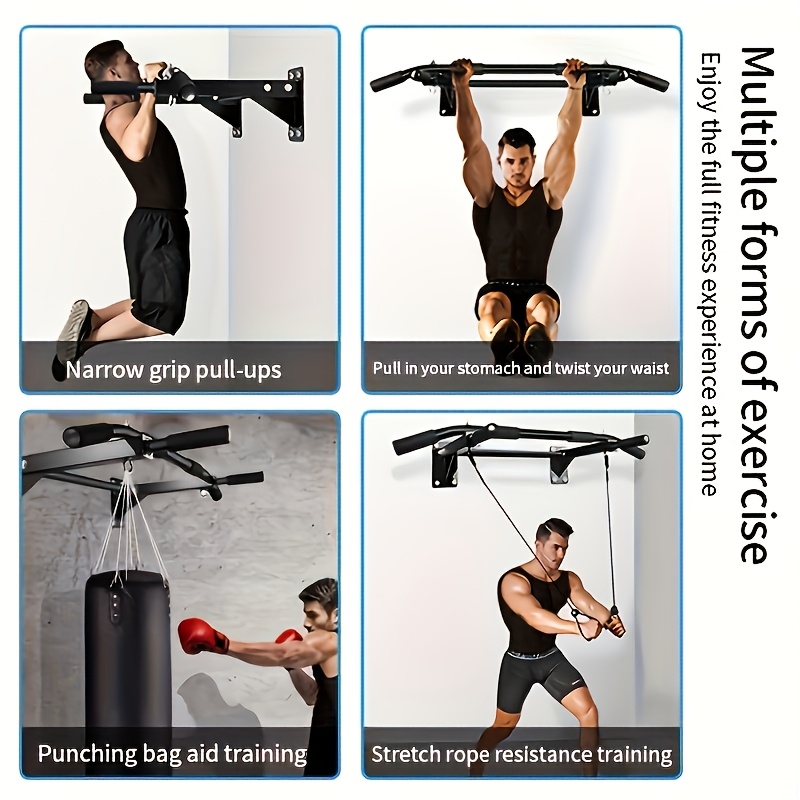 Man performing various exercises using a wall mount pull up bar, punching bag, and resistance rope.