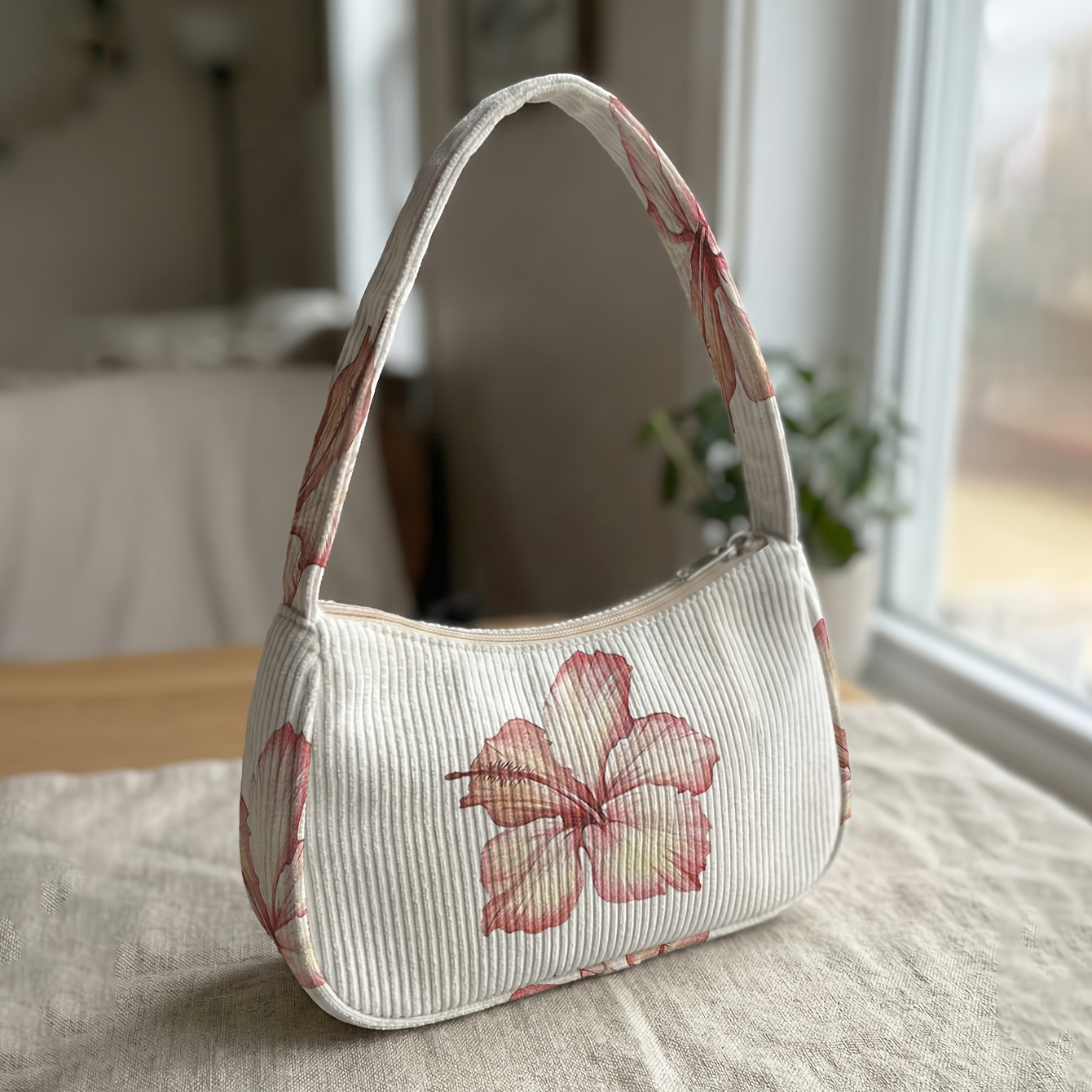 TEMU 1pc, Pink Floral Pattern Printed Single-shoulder Bag, Corduroy Underarm Bag, Retro Style, Suitable For Daily Commuting, Dates, Shopping, And .