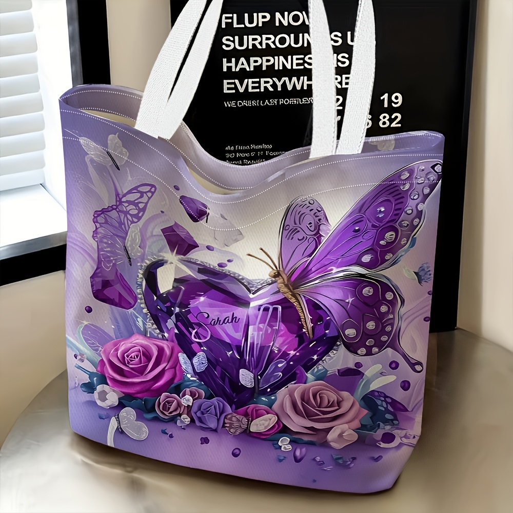 TEMU 1pc, 2d Plane, Purple Heart-shaped Gemstone Flower. Themed Women's Shoulder Bag, Multi-functional, Handbag, Clutch Bag, Dinner Bag, Travel