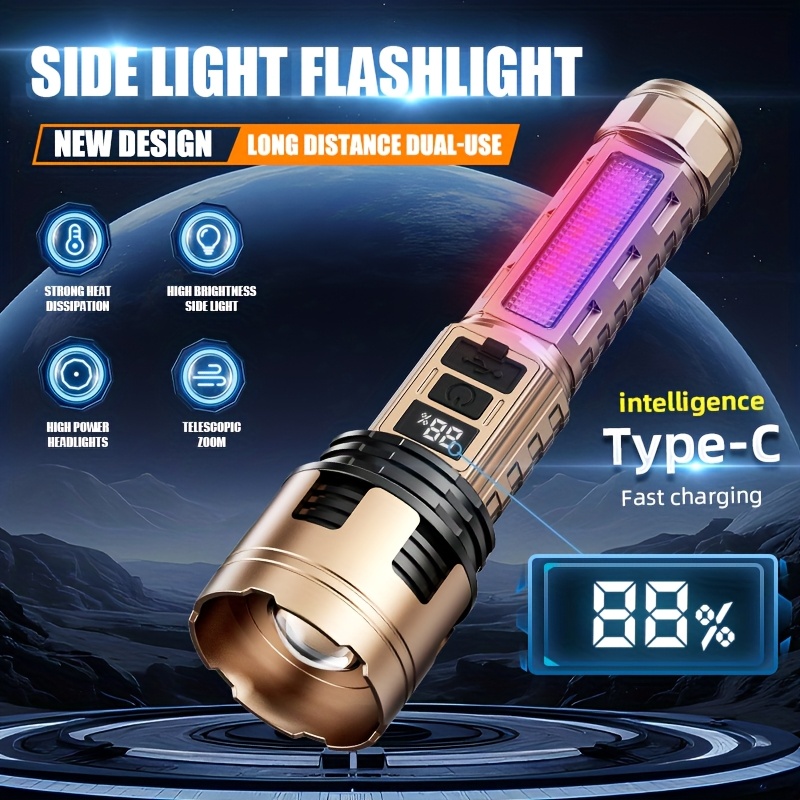Golden/Purple Outdoor Multifunctional Handheld Flashlight with Exquisite Gift Box, Strong Light Explosion and Ultra Long Range Spotlight, Ultra Long Endurance, Cob Work Light, Digital Display, Multifunctional Sidelight, for Home, Camping, Emergencies