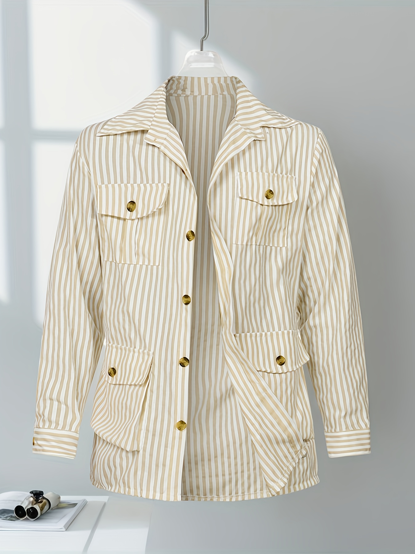 mens casual long sleeve shirt with vertical stripes   belted non stretch cotton top with flap pockets     casual attire striped shirt single breasted shirt