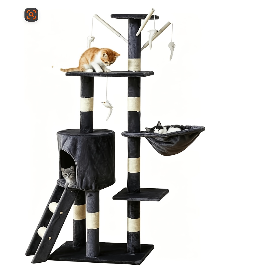 Image of Cat Tree, 138cm High, Stable Structure; Equipped With Sisal Scratching Posts, 3 Platforms, Cat Bed, Cat Toys And A Leisure Hammock; Stable Cat Scratching Post Suitable For Indoor Cats, Dark Grey
