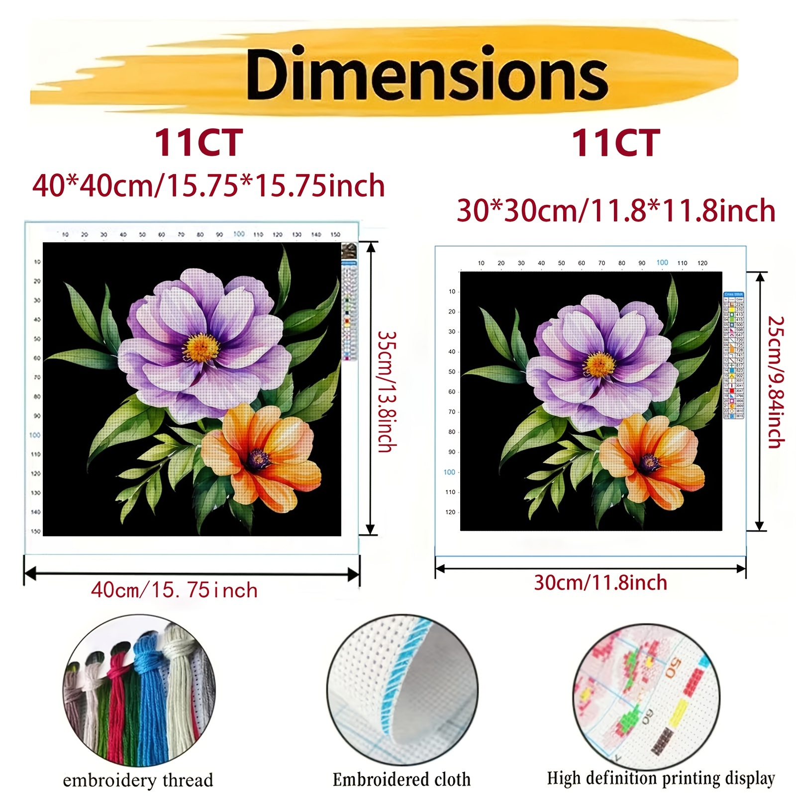 DIY Cross-Stitch Printed Kit of Purple Orange Flower, Unframed