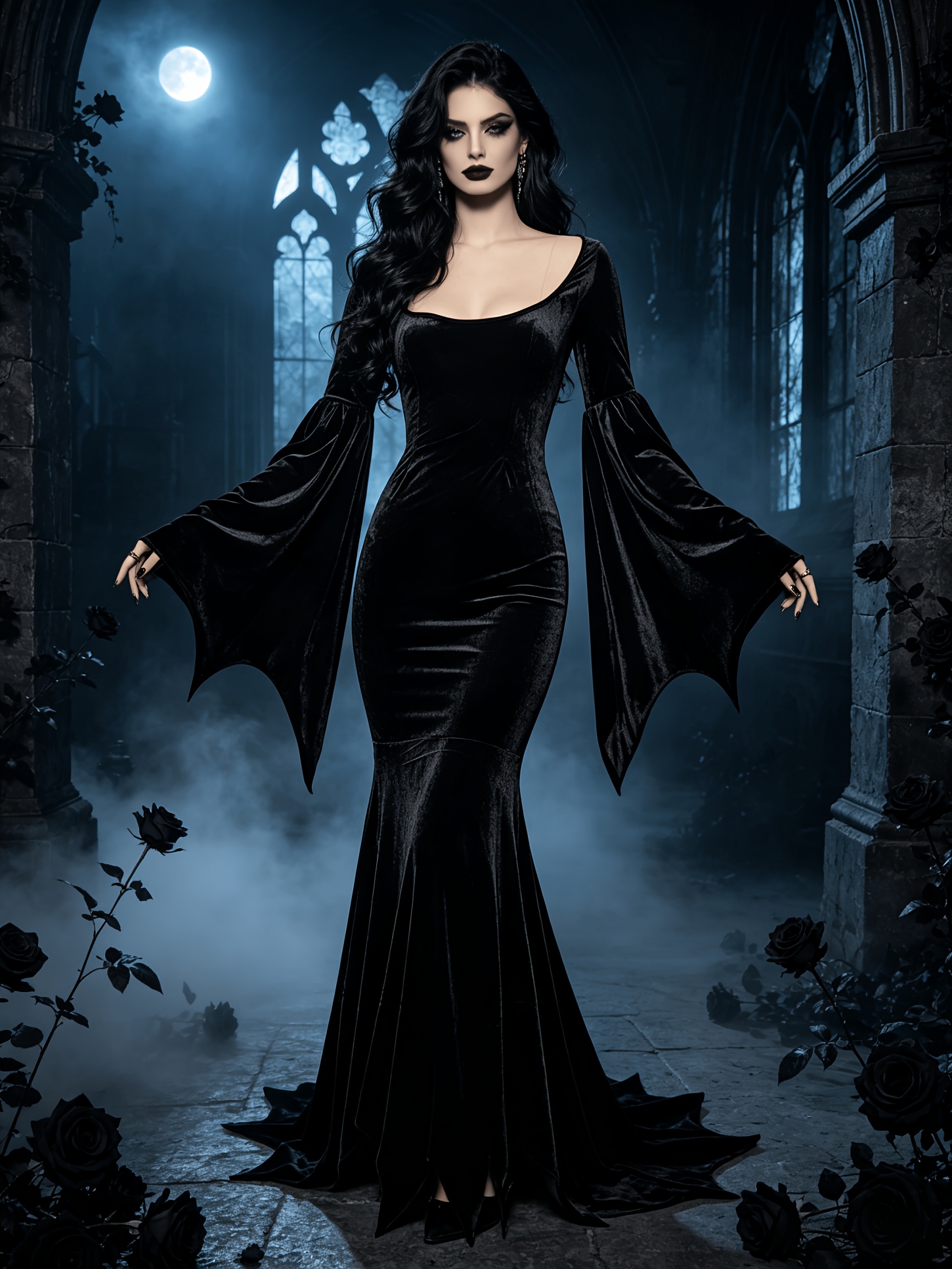 robe de soirée sirène gothique en velours pour femme, manches chauve-souris, coupe ajustée, longue, tenue de fête dhalloween