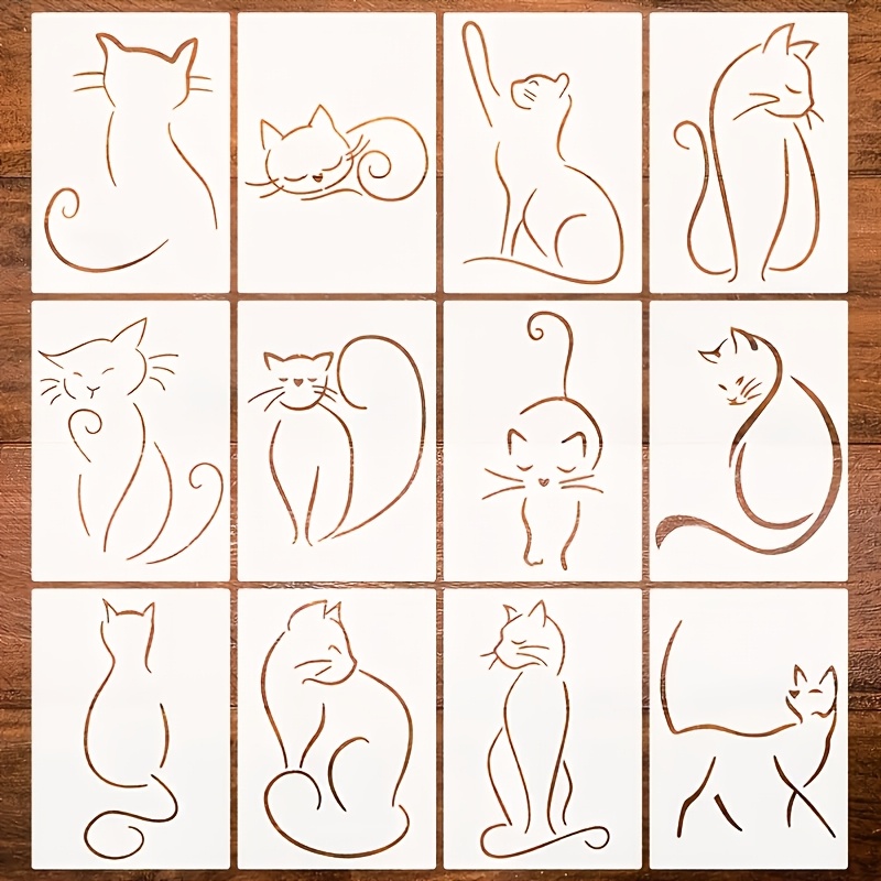TEMU 12pcs Set Minimalist Line Abstract Cat Hollow Painting Template Set One-stroke Lazy Kitten Different Postures Easy Outline Silhouette Painting