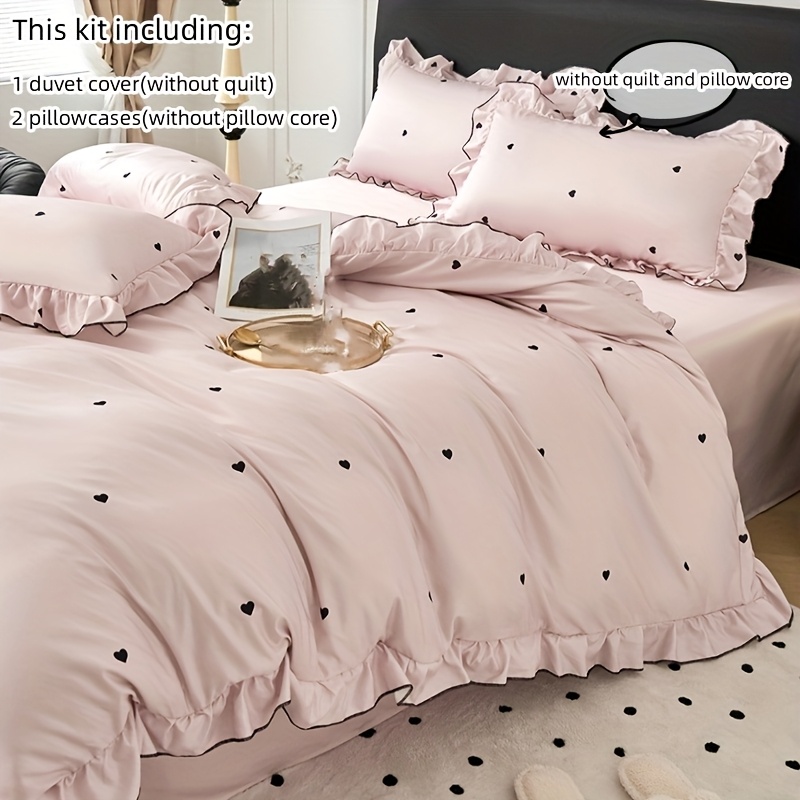 Image of Heart-shaped Print Duvet Cover Pillowcase Lace Bedding 3pcs Set (filling Not Included)
