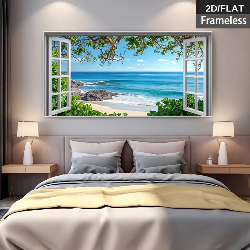 TEMU 2d Flat, 2d Flat, [2d Flat] 1pc Frameless Canvas Poster Printing, Home Decor Wall Art, View Of Beach With Green Foliage, Suitable As A Home Gift
