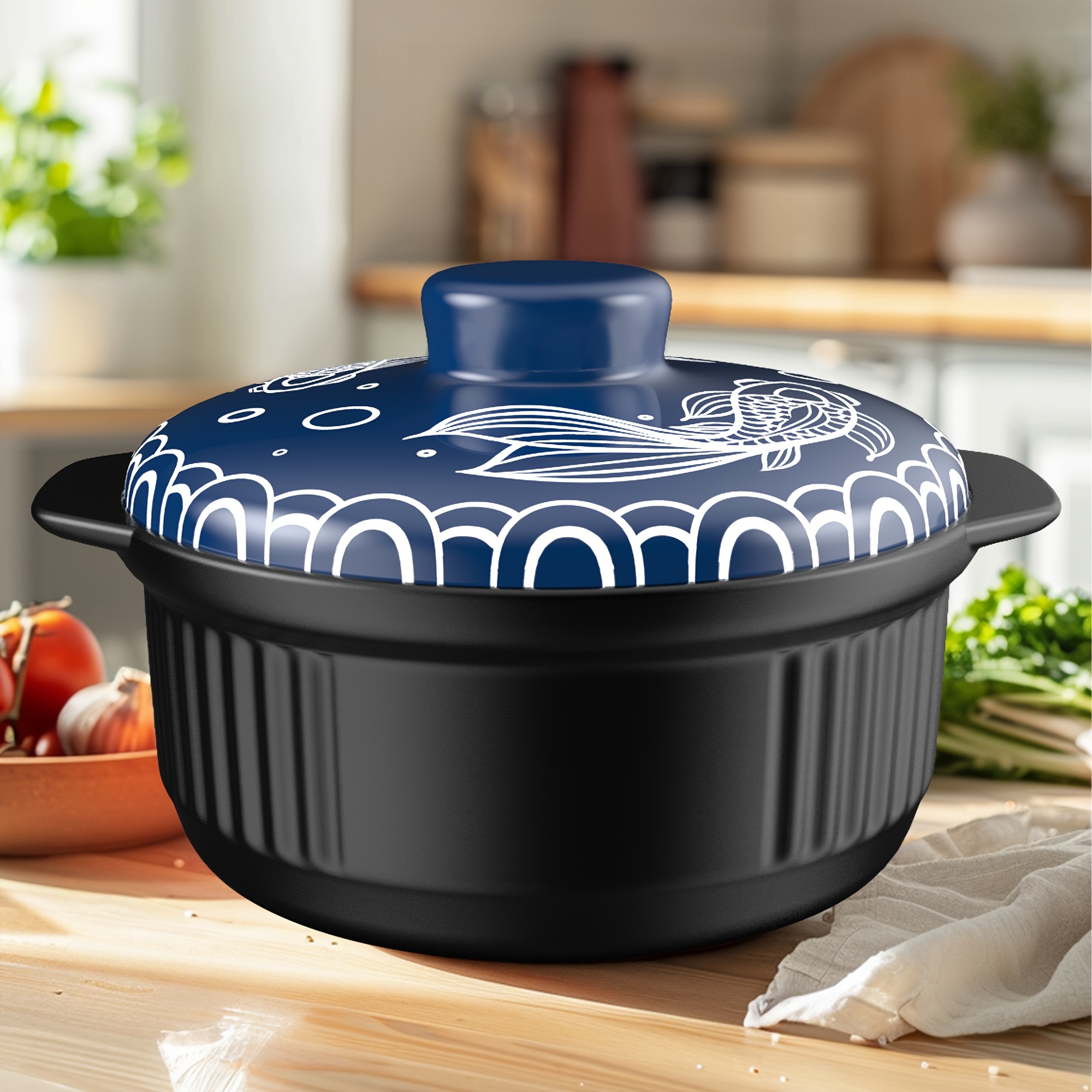 

[1-pack] 114oz/3400ml Ceramic Casserole Stew Pot, Blue Embossed Pattern Ceramic Casserole, High Temperature Resistant And Heat Resistant, Perfect For Kitchen Open Fire Gas, Soup, And Steaming