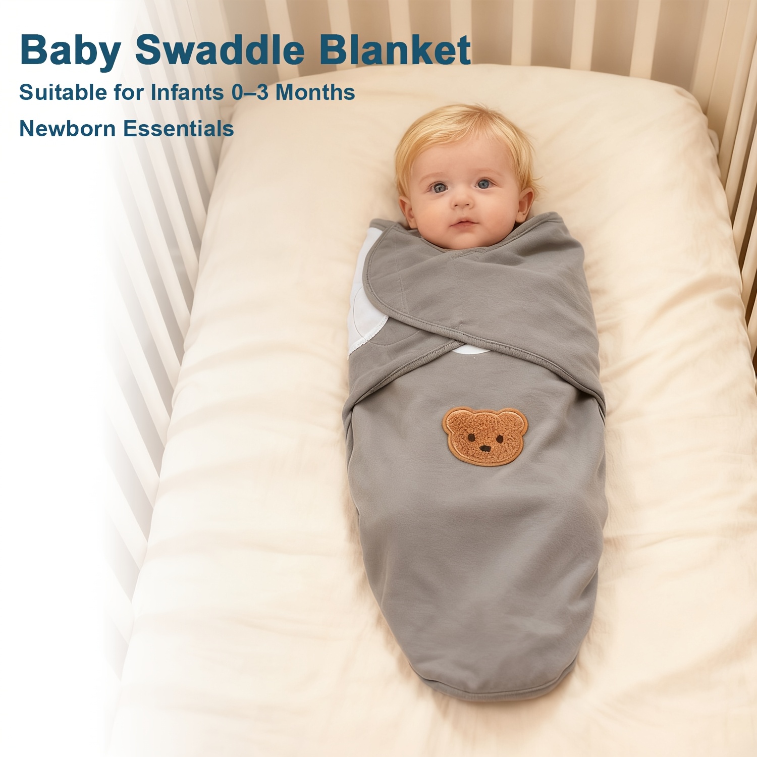 3pcs Baby Pure Swaddle Set, Bear Applique Design, Soft And Comfortable, Suitable for 0-3 Month Old Babies, Baby Swaddling Blanket, Universal for All Seasons, Newborn Supplies