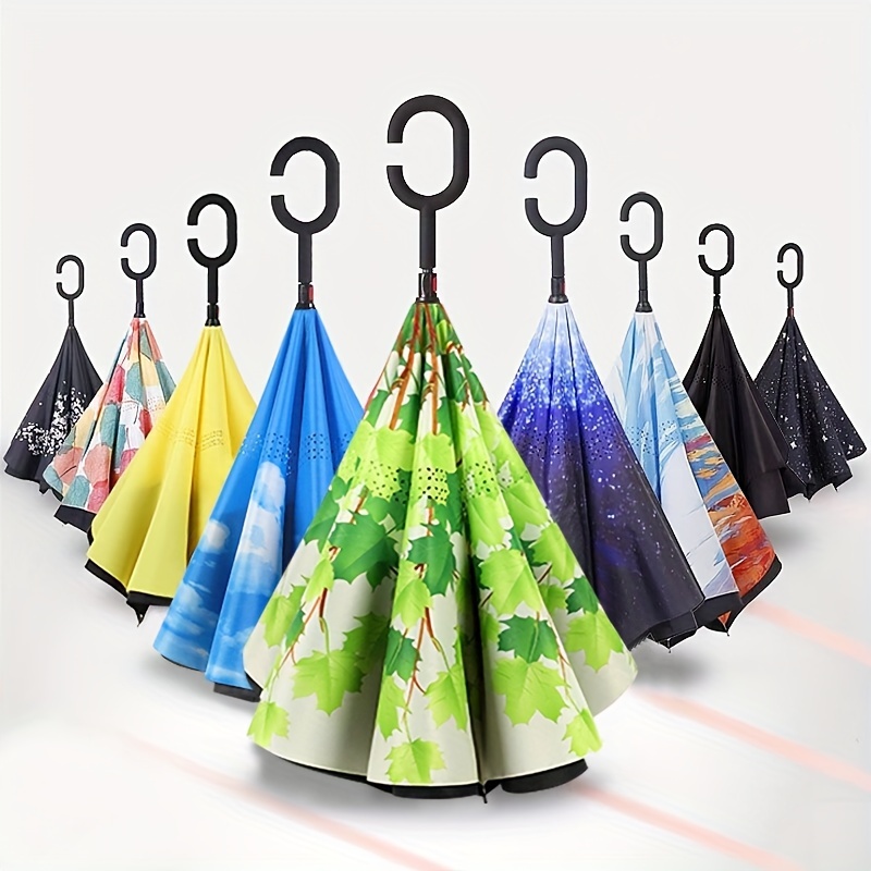 

1pc Windproof Uv Protection Manual Umbrella With C-shaped Handle, Business Style Self-standing Umbrella, With Logo