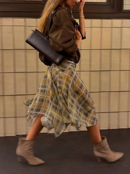 New Fashionable Elegant Plaid Casual Bohemian Chiffon Asymmetrical Hem Skirt, Suitable for Vacation, Beach, Holidays, Tea Party, Daily Wear, Spring Travel