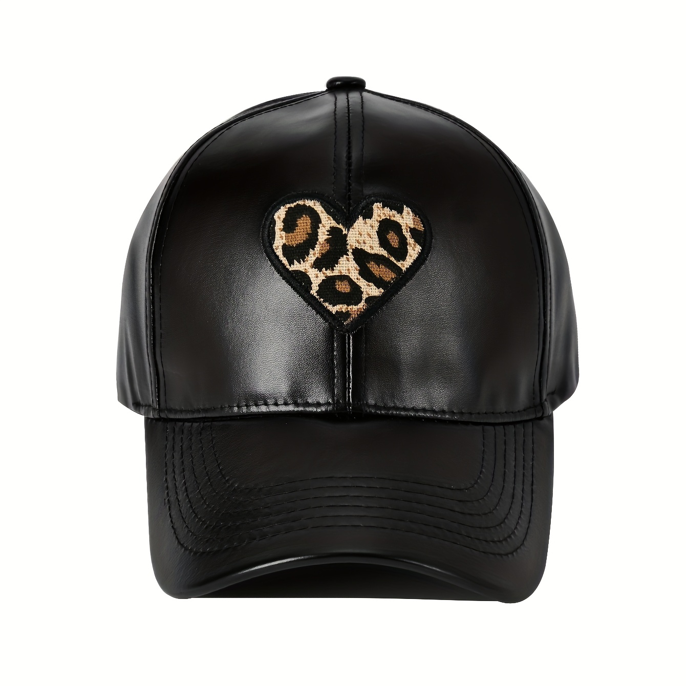 TEMU 1pc Unisex Pu Minimalist Fashionable Heart Pattern Embroidery With Leopard Print Baseball Cap For Outdoor Leisure And Vacation.