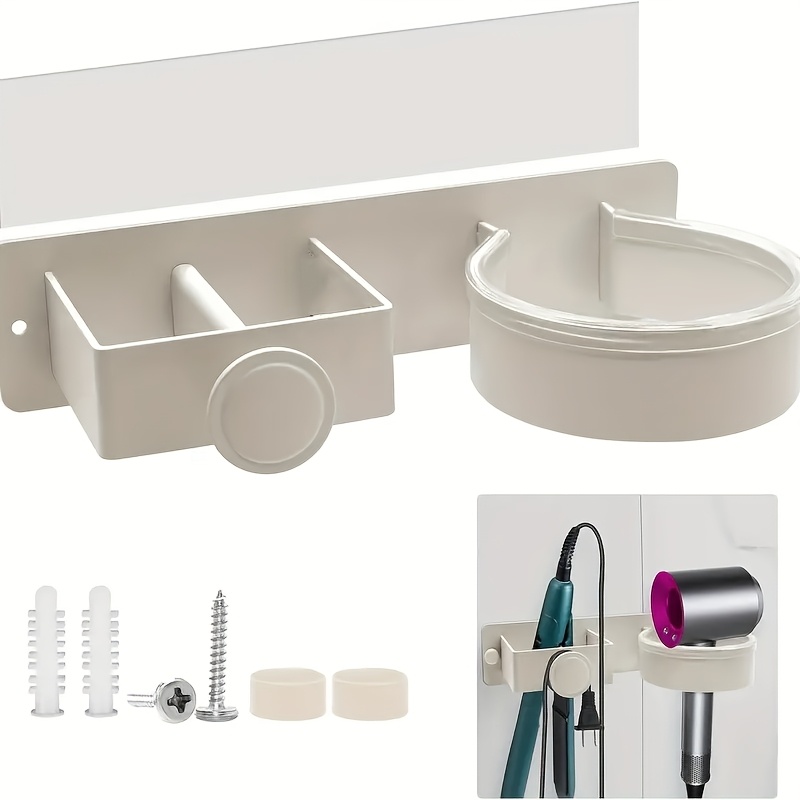 Image of 1 Hair Dryer Bracket Without Drill Bit, Wall-mounted Curling Rod Storage Rack, Self-adhesive Anti-slip Strip, Pad To Protect , Suitable For Bathrooms, Hotels, Hair Salons-no Power Required