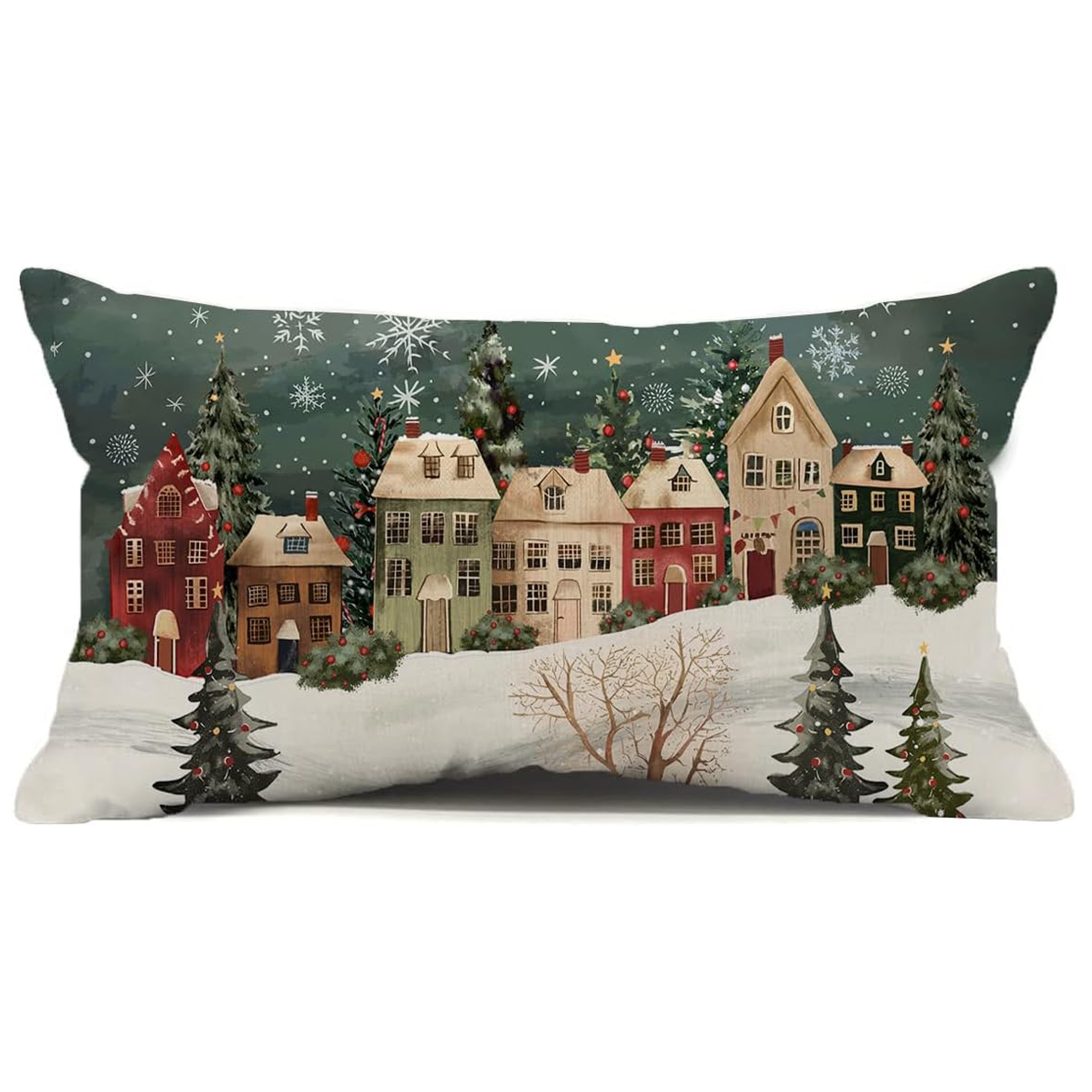 

1pc Vintage Winter Lumbar Pillow Cover – Cozy Snowy House & Design, Christmas Farmhouse Decor, Polyester Zippered Cushion Case For Porch Or Home (single Side, No Insert), Winter Decor