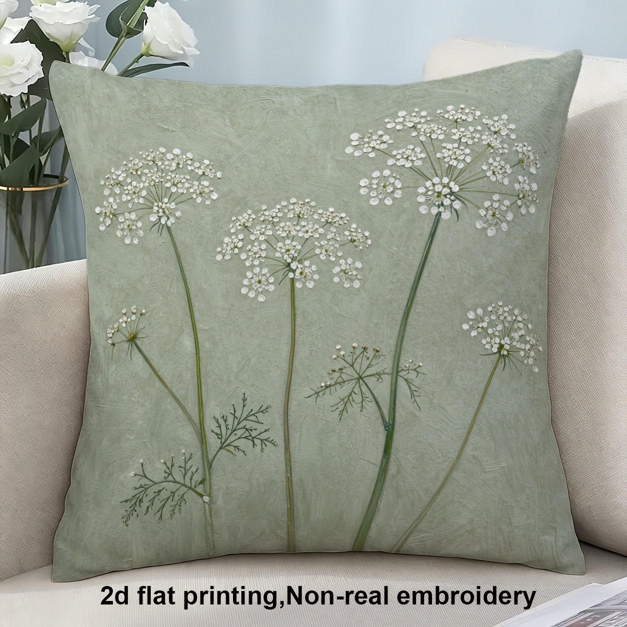 TEMU Impression plate 2D, 1 pièce, Bouquets de fleurs blanches sur fond vert texturé, Housse de coussin, Impression , Polyester, Très approprié pour