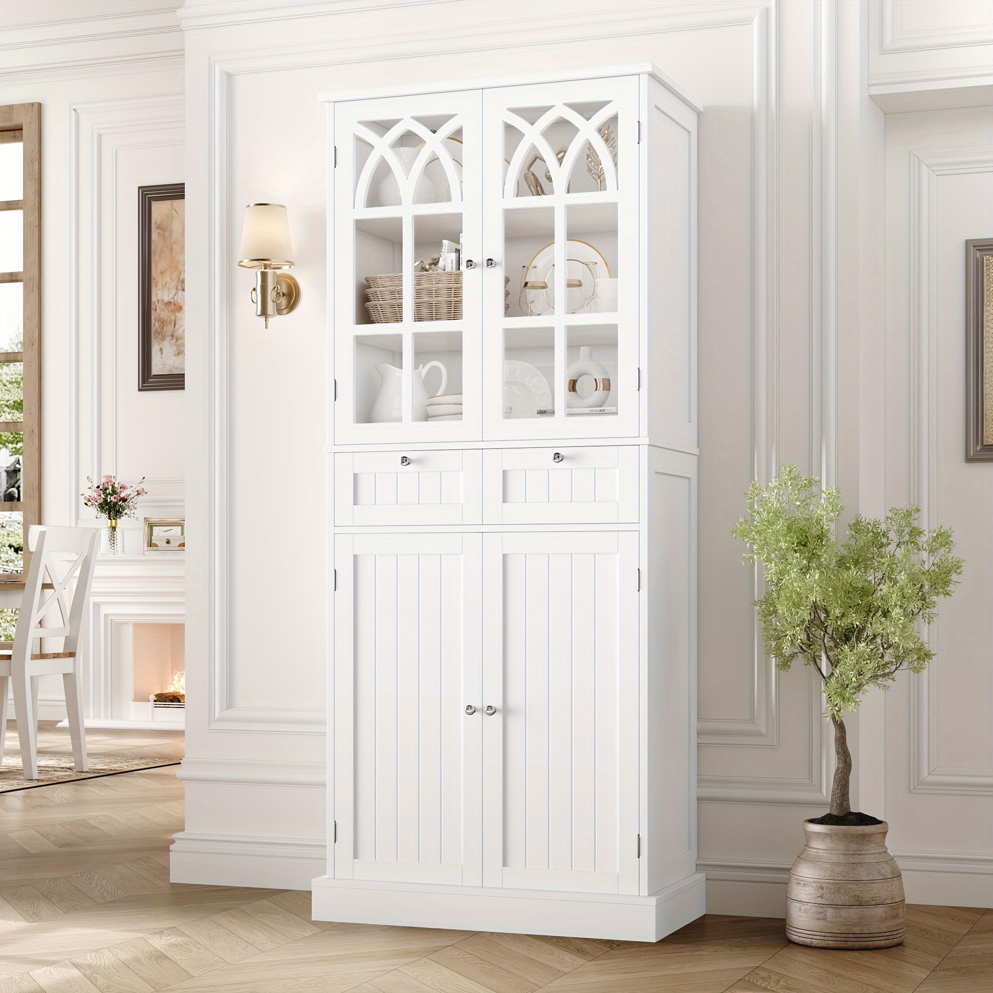 

Fultru Tall Kitchen Pantry With Glasss Door, With White2 Drawers & 6 Tier Shelves For Dining Room, Living Room