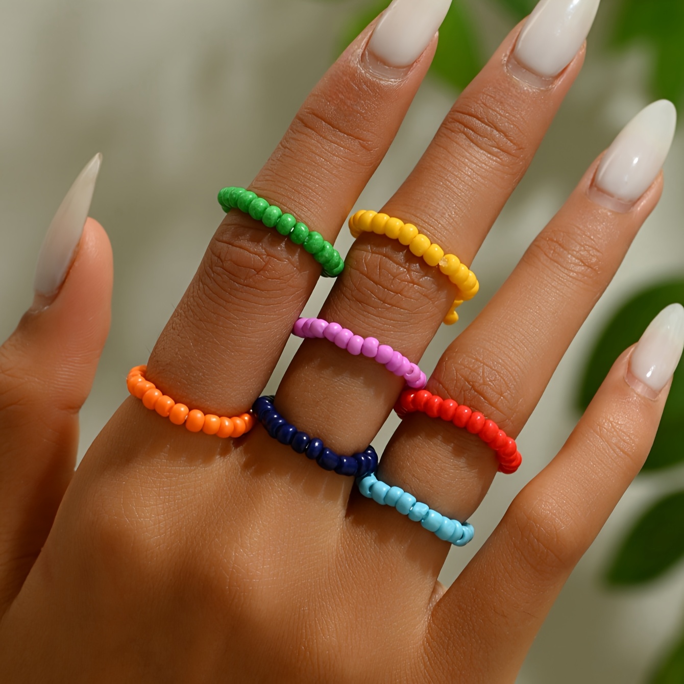 7pcs Boho Beaded Stretch Ring Set for Women - Colorful Elastic Rings
