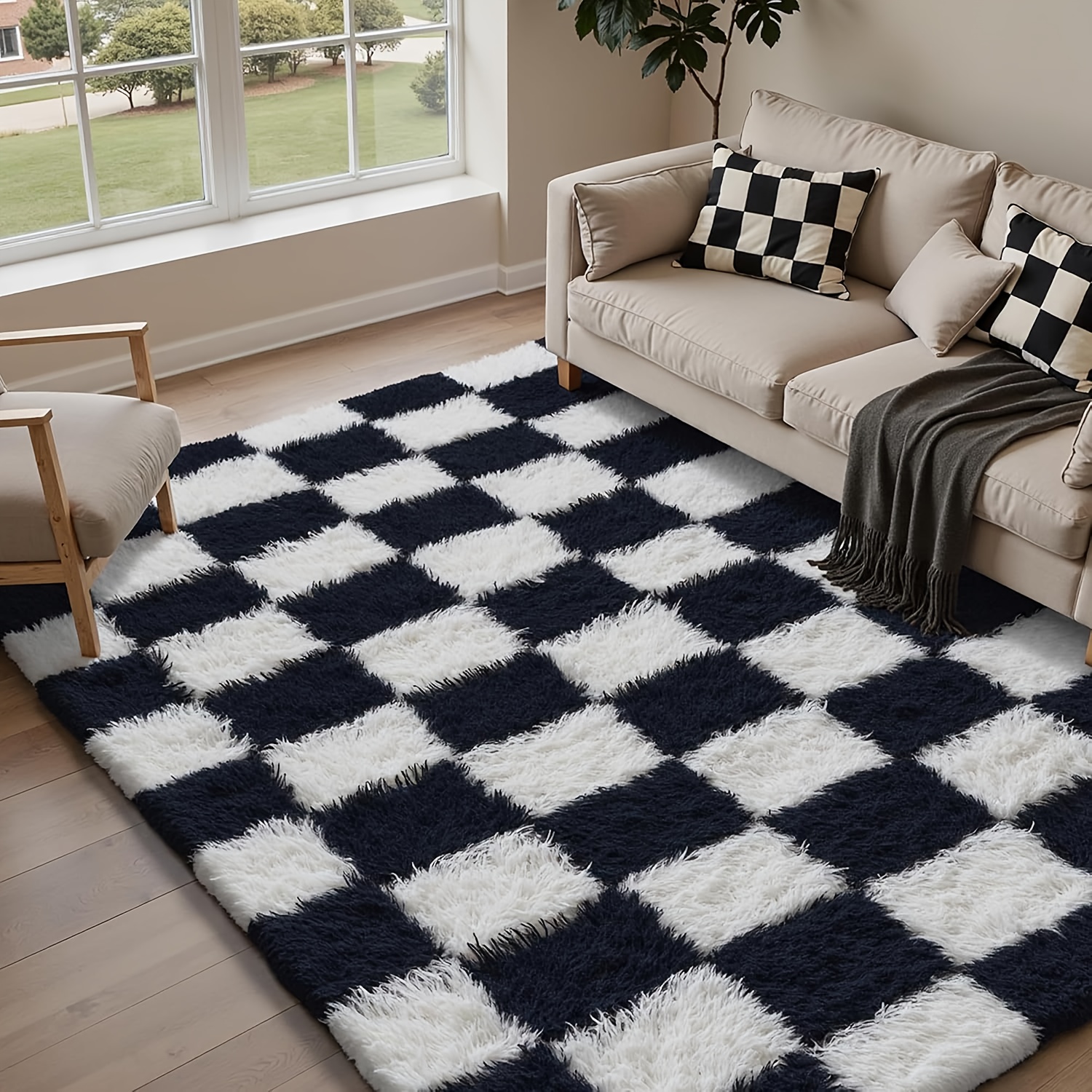 TEMU Fluffy, Non-shedding Area Rugs For The Living Room And Bedroom, Featuring A Black And White Checkered Design. Plush, Soft, And Washable Carpets