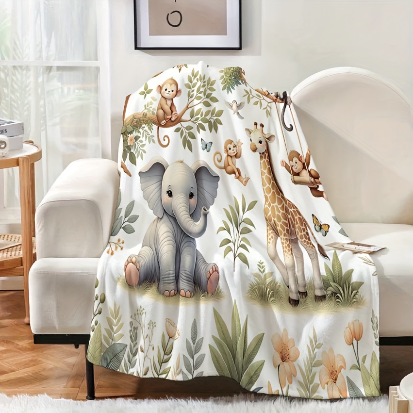 Watercolor Jungle Elephant and Giraffe Flannel Blanket