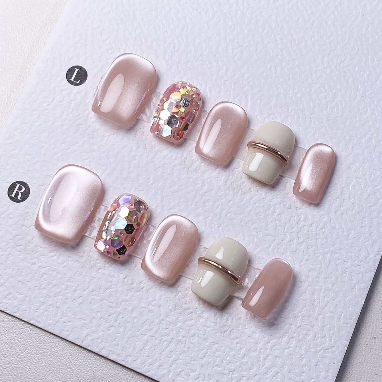 

10pcs Handmade Square Short Nail Forms Set, Pink Glossy , With Glitter And Cat Eye Accents, With Adhesive Tabs Included